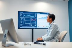 A focused doctor in a white coat analyzes medical data displayed on a large monitor in a modern office setting. The screen shows complex graphs and charts, suggesting healthcare analytics. Cool blue and white tones dominate the scene, conveying a professional and clinical atmosphere. Image depicts medical technology and patient care.
