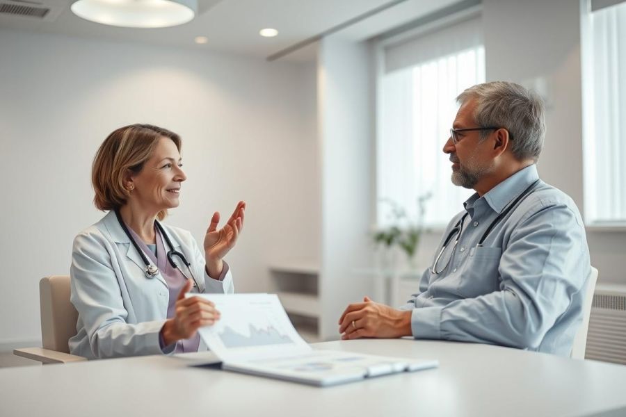 Doctors sit across from each other in a modern clinic. A female doctor in a white coat discusses a patient's health with a mature doctor. A chart on the table shows the medical examination. The bright, clean interior is filled with natural light.