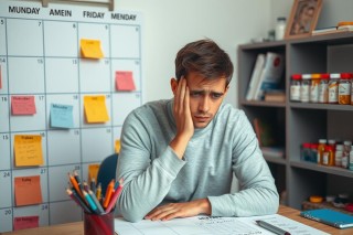 The image portrays a man in an office setting, seemingly deep in thought or possibly overwhelmed with work. He is seated at a desk, with various objects scattered around him such as papers, books, and multiple pens. The environment suggests a professional, yet somewhat cluttered space, likely indicative of a busy schedule or multitasking.