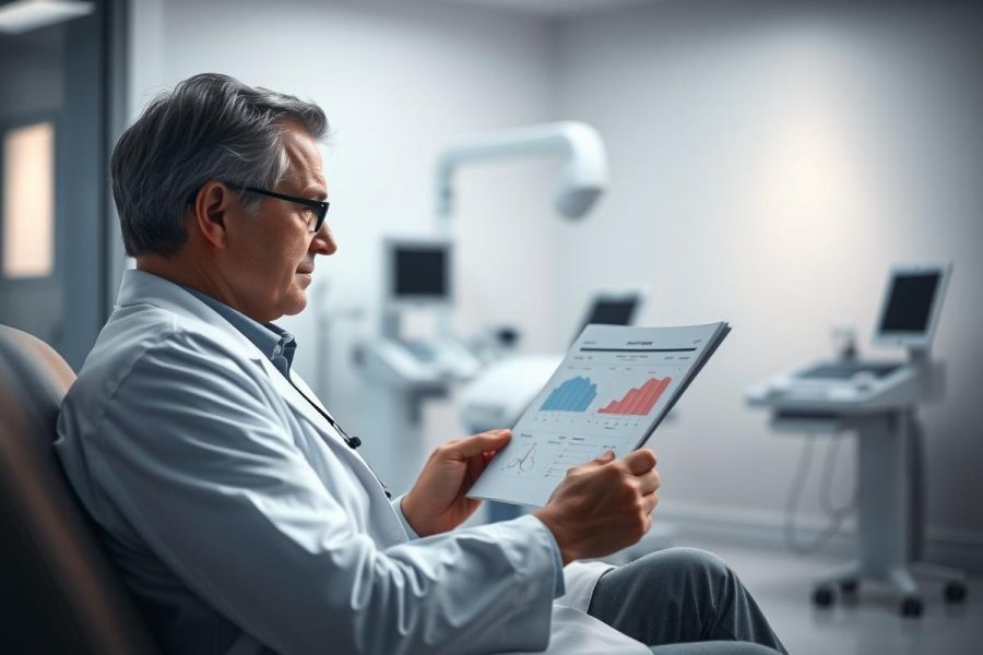 Doctor in a modern medical clinic reviewing data on a tablet. The scene features cool blue and gray tones, with medical equipment visible in the background. Healthcare, analysis, and technology are key themes.