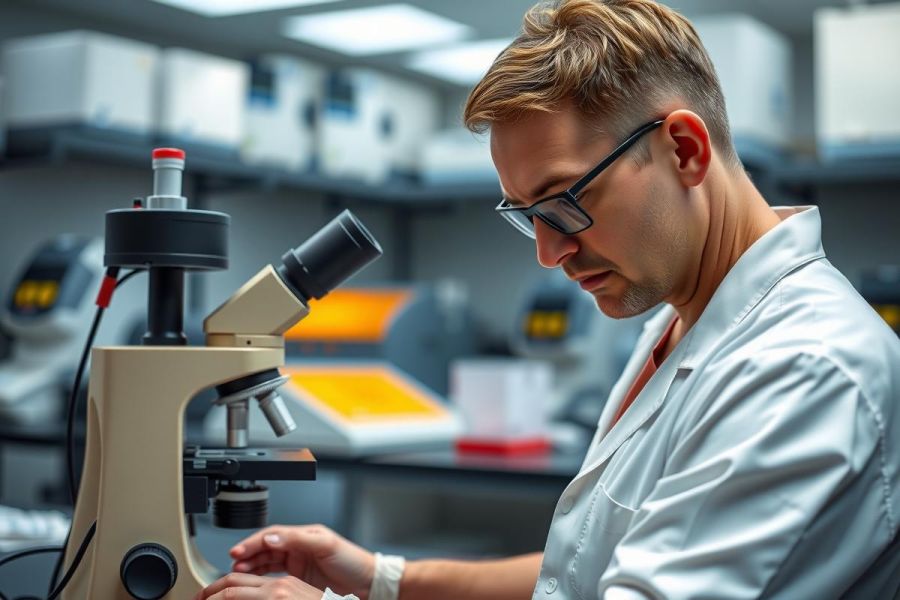 Scientist in a lab coat examines a microscope, focusing on intricate details. The image showcases a laboratory environment with scientific equipment, highlighting research and analysis.