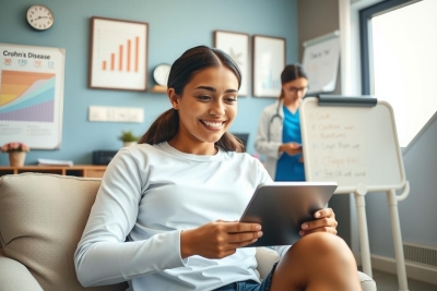 The image shows a modern indoor setting, likely an office or a cozy workspace. There are two people present - one is seated comfortably on a couch and appears to be engrossed in their digital tablet, possibly reading or working. 