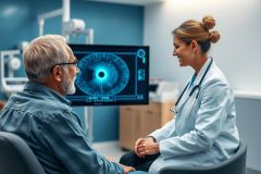 Eye doctor consultation. A female ophthalmologist discusses eye scan results with a senior patient in a modern blue clinic. Medical imaging on screen shows a detailed eye view. Healthcare, vision care, and senior health concepts.