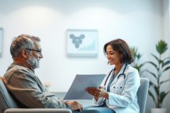 Doctor consults with a senior patient in a bright, modern clinic. The healthcare professional reviews medical documents with a smiling older man, showcasing patient care and wellness. Warm tones and a professional setting convey trust and medical expertise.