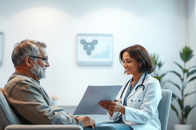 Doctor consults with a senior patient in a bright, modern clinic. The healthcare professional reviews medical documents with a smiling older man, showcasing patient care and wellness. Warm tones and a professional setting convey trust and medical expertise.