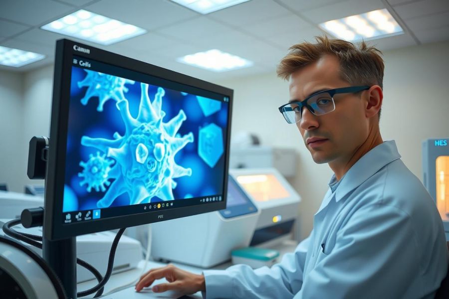 Scientist examining cells on a monitor in a lab. The image showcases a close-up of a researcher in a clean, modern environment with blue accents and advanced equipment. Focus on medical research and analysis.