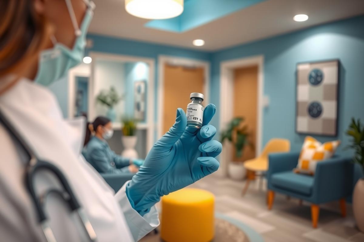 A healthcare professional in a lab coat and blue gloves holds a vial of liquid, likely a vaccine or medication, in a brightly lit, modern clinic setting. Blue and yellow accents create a cheerful atmosphere. 