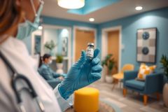 A healthcare professional in a lab coat and blue gloves holds a vial of liquid, likely a vaccine or medication, in a brightly lit, modern clinic setting. Blue and yellow accents create a cheerful atmosphere. 
