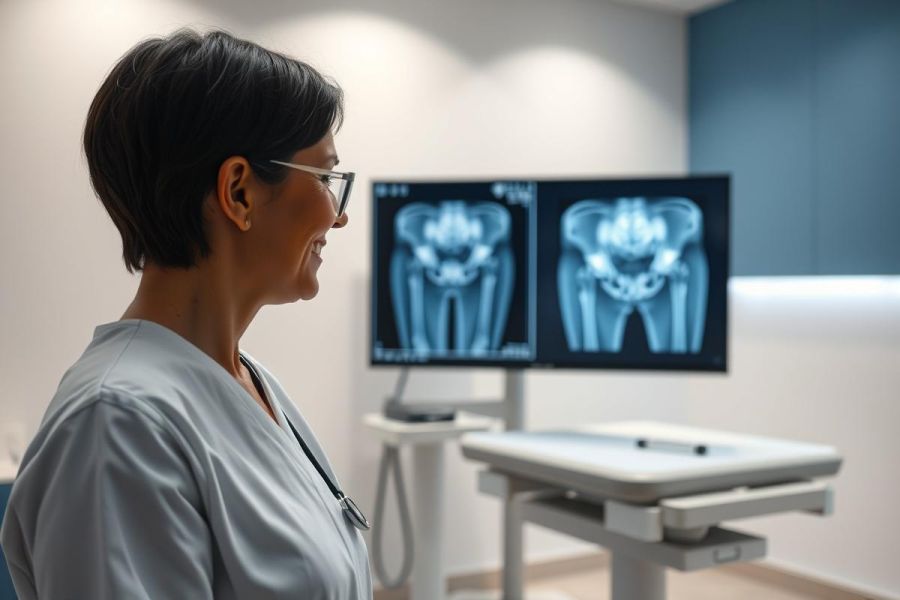 A female doctor in scrubs examines an X-ray of a pelvis displayed on a medical monitor in a modern clinic. The image features grayscale tones, highlighting diagnostic imagery and a professional healthcare setting. Focus on radiology, medical diagnosis and healthcare professionals.