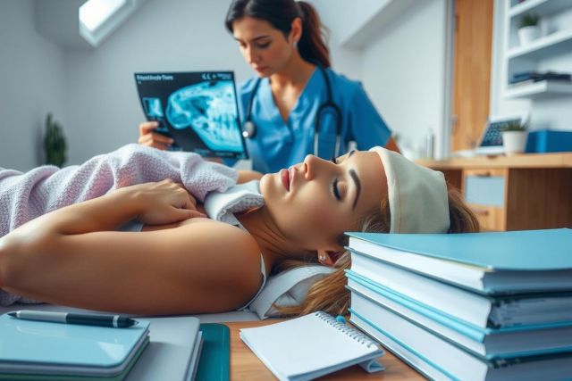 The image shows a medical scene with a woman lying on her back. She appears to be relaxed or possibly sedated, given the context of a clinical setting. The environment suggests a modern medical facility with visible books and binders suggesting medical literature or records.