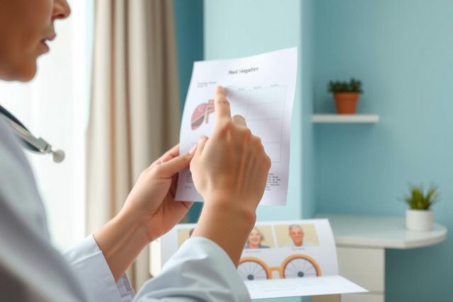 Doctor examines an anatomical chart, possibly for medical education or patient explanation. Blue background, white coat, and a focused environment create a clinical setting. Healthcare, anatomy, and learning are key themes.