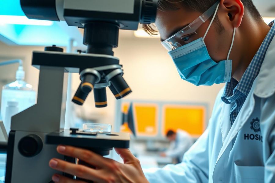 Scientist examining a microscope slide in a lab. Wearing a lab coat and mask, focused on research with scientific equipment. Bright, clean laboratory environment. 