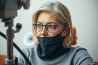 The image features a woman sitting in a professional setting with medical equipment. She is wearing glasses and has her mouth covered, possibly due to medical procedures being conducted. The equipment includes what appears to be an optical device for examining eyes or other structures. There are no visible texts or distinctive branding that provide additional context.