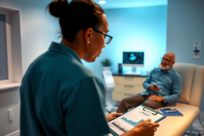 The image shows a medical setting with two individuals. A female healthcare professional, wearing a blue uniform, is standing and attentively assisting an older male patient who is seated. 