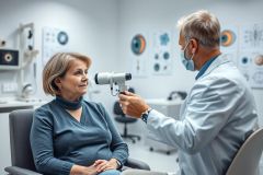 Optometrist examining a patient's eyes in a modern clinic. The doctor uses an instrument to test vision while the woman sits comfortably. Healthcare, eye care, and medical examination are key themes. Neutral colors and a professional setting.