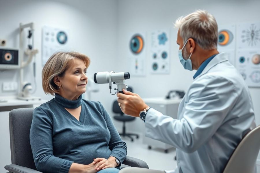 Optometrist examining a patient's eyes in a modern clinic. The doctor uses an instrument to test vision while the woman sits comfortably. Healthcare, eye care, and medical examination are key themes. Neutral colors and a professional setting.