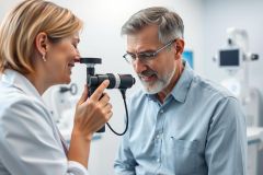 Optometrist examining a mature man's eyes in a modern clinic. A professional eye exam is being conducted with diagnostic equipment. The scene features a bright, clean interior and focuses on eye care and vision health. Blue and white tones are prominent.