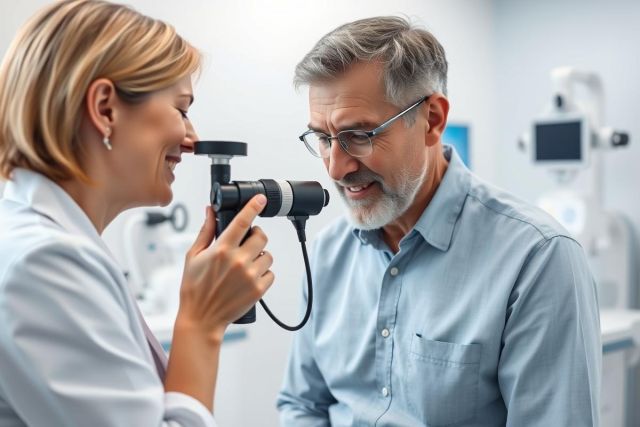 Optometrist examining a mature man's eyes in a modern clinic. A professional eye exam is being conducted with diagnostic equipment. The scene features a bright, clean interior and focuses on eye care and vision health. Blue and white tones are prominent.