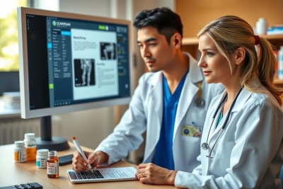 Two doctors, a male and a female, collaborating in a modern office setting. They are focused on a computer screen displaying medical data, possibly discussing patient care or research.