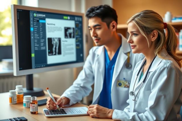Two doctors, a male and a female, collaborating in a modern office setting. They are focused on a computer screen displaying medical data, possibly discussing patient care or research.
