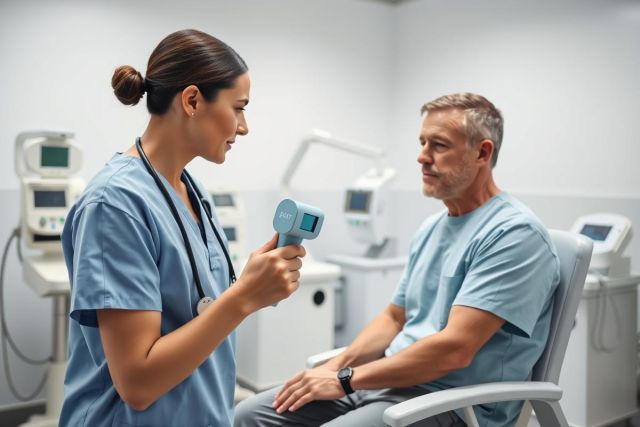 Healthcare professional taking a patient's temperature in a modern medical clinic. A nurse in blue scrubs uses a handheld thermometer while a male patient sits in a chair. Clean, bright interior with medical equipment visible. Focus on health, wellness, and patient care.