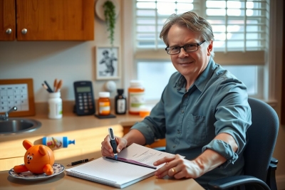 The image shows a man sitting at a desk in what appears to be a home office. He is wearing glasses and a casual shirt, with one hand on the desk while he writes or signs something with a pen.