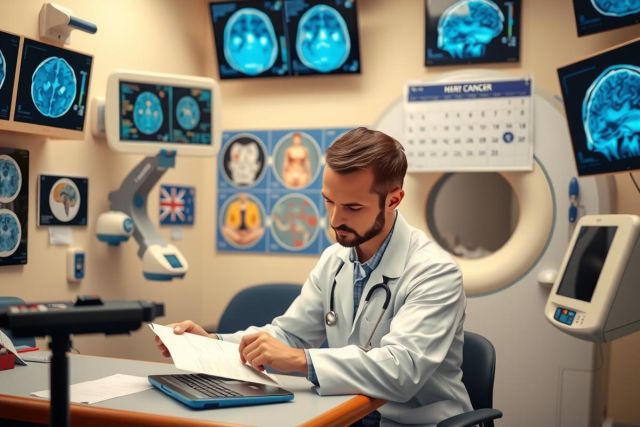 A doctor wearing a lab coat and stethoscope, sitting at a desk with a laptop. The room has brain images on the walls. The scene is set in what appears to be a modern medical office.