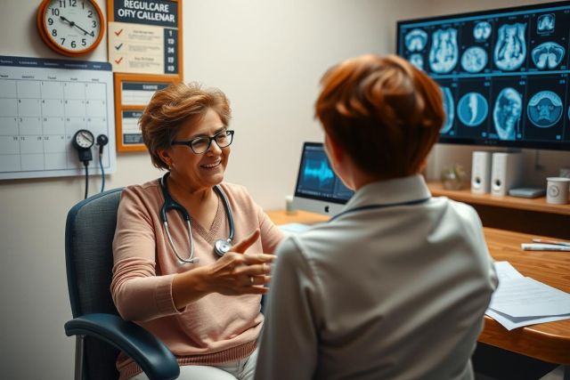 This is a photograph set in an indoor medical environment. The image depicts two individuals, one older woman and one younger female, seated at a desk with a computer monitor displaying MRI or CT scan images.