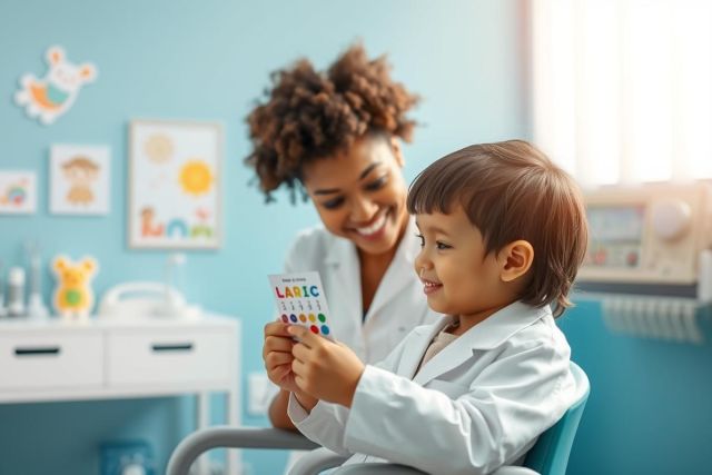 A smiling young boy in a doctor's coat plays with flashcards with a friendly female healthcare professional in a bright blue pediatric clinic. Focus on child development, learning games, and positive doctor-patient interaction.