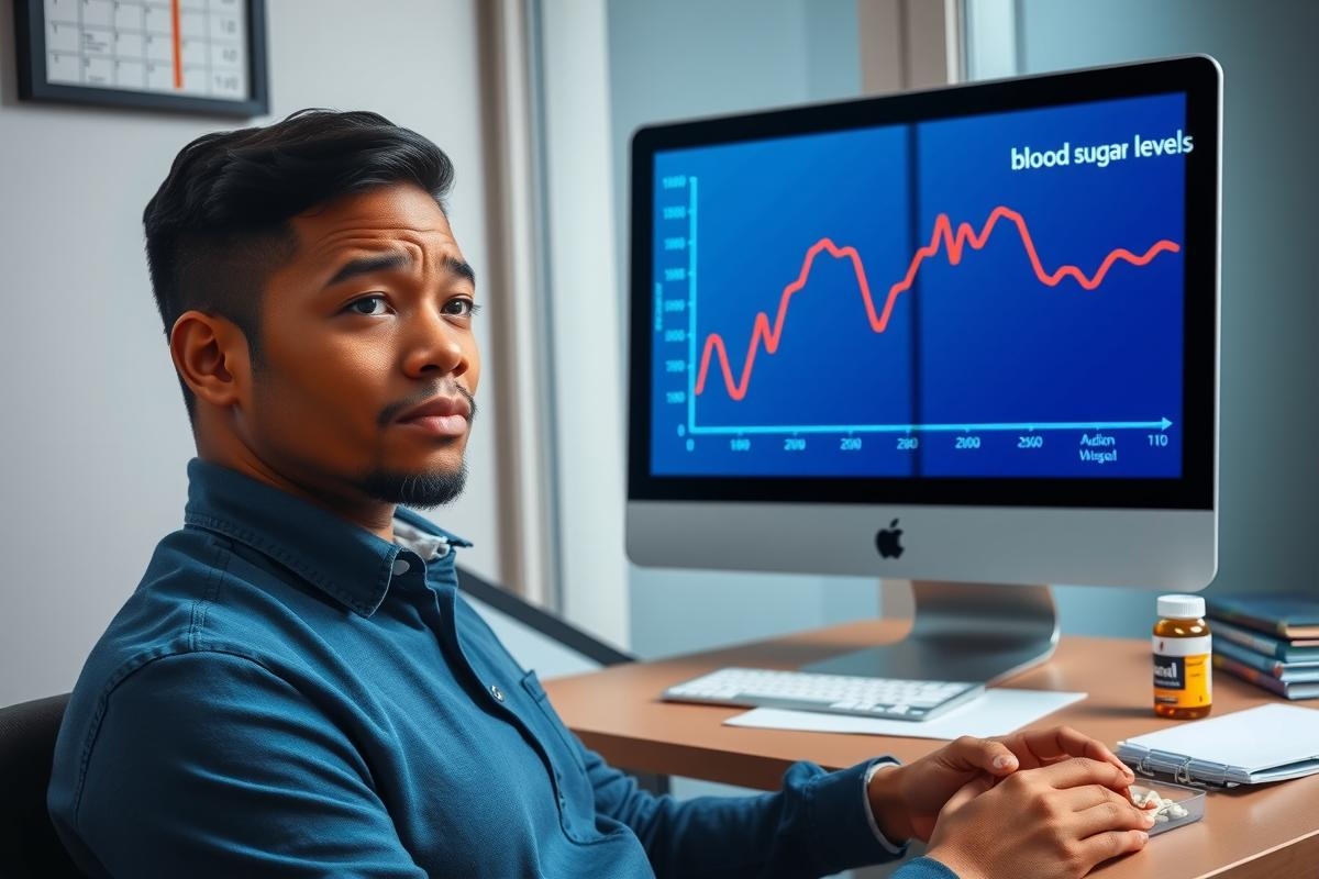 Man at computer with blood sugar levels on monitor. He appears to be confused or perplexed by the data.