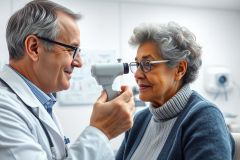 An optometrist examines an elderly woman's eyes during a routine eye exam in a clinic. The image showcases a healthcare professional using an ophthalmoscope, with warm lighting and a focus on patient care and vision health. The scene features glasses and a professional medical setting.