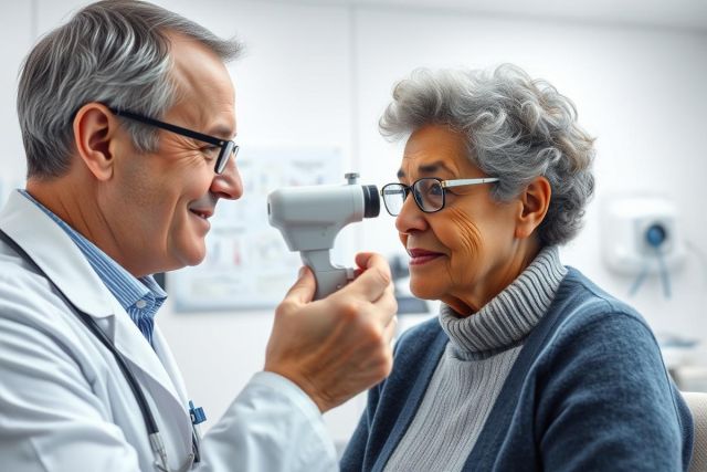 An optometrist examines an elderly woman's eyes during a routine eye exam in a clinic. The image showcases a healthcare professional using an ophthalmoscope, with warm lighting and a focus on patient care and vision health. The scene features glasses and a professional medical setting.