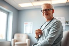 Portrait of a smiling senior man wearing glasses, seated in a bright, modern office or healthcare setting. Soft blue walls, a window, and a comfortable armchair are visible. Represents aging, healthcare, or professional services.