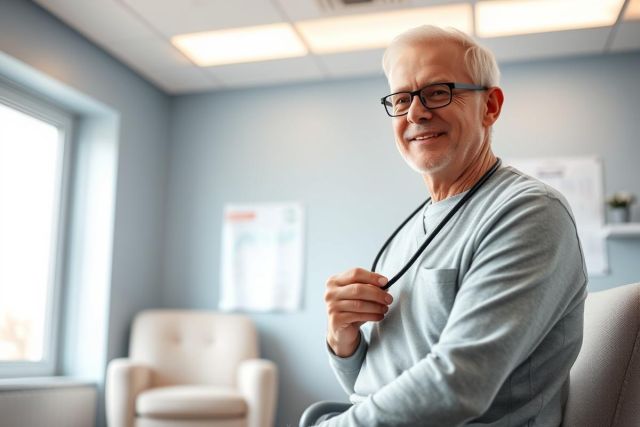 Portrait of a smiling senior man wearing glasses, seated in a bright, modern office or healthcare setting. Soft blue walls, a window, and a comfortable armchair are visible. Represents aging, healthcare, or professional services.