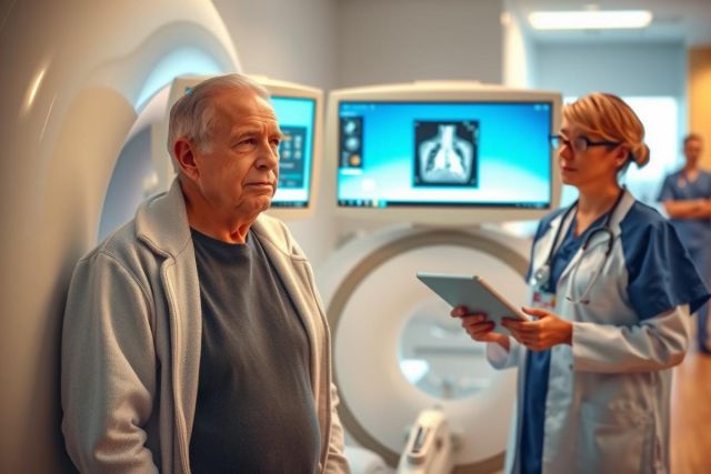 A hospital setting with an older man dressed in a lab coat, possibly a doctor or scientist. He is facing two medical professionals who are seated behind what appears to be a scanner or testing device, with screens and other medical equipment visible.