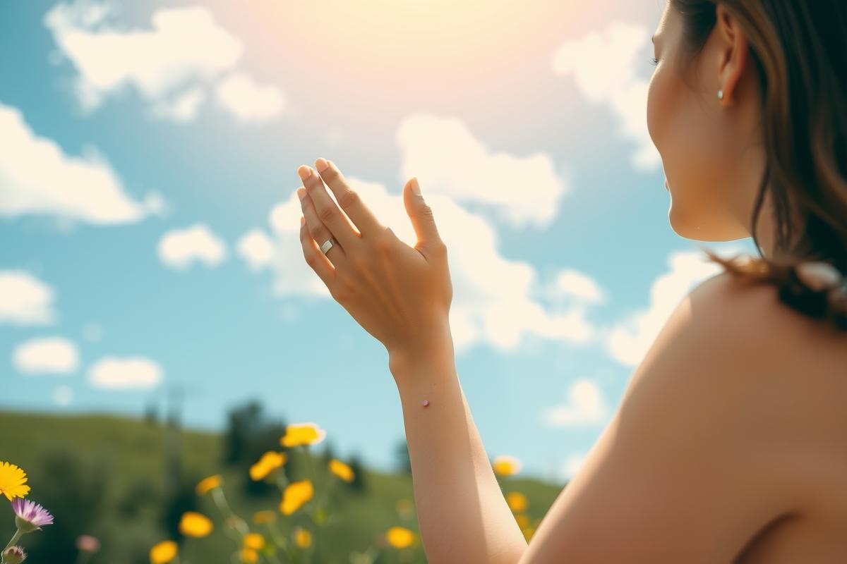 A woman standing in a field of sunflowers, raising her hands as if she is praising the sun or celebrating. The sky is clear and blue with fluffy white clouds, creating a bright and cheerful atmosphere.