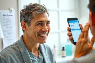The image shows a smiling man in a medical setting, possibly a doctor or dentist's office. He appears to be looking at a cell phone that is held by another individual, who may be either the patient or a staff member. 