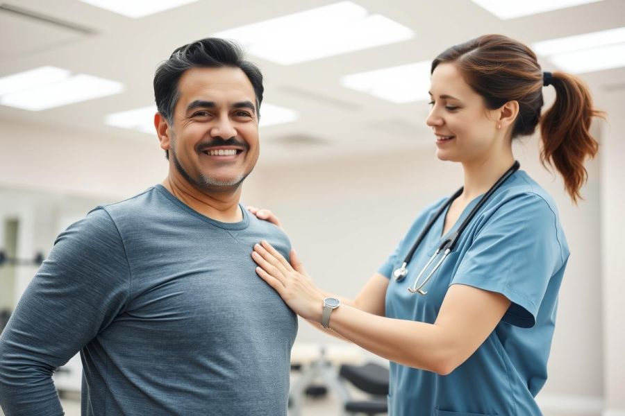 A smiling man receives a checkup from a female nurse in a bright, modern medical clinic. The scene features a clean, white environment with recessed lighting, suggesting a healthcare setting. The nurse, wearing blue scrubs and a stethoscope, gently touches the patient's chest, conveying care and wellness. Keywords: healthcare, nurse, patient, medical, clinic, checkup, wellness, doctor.