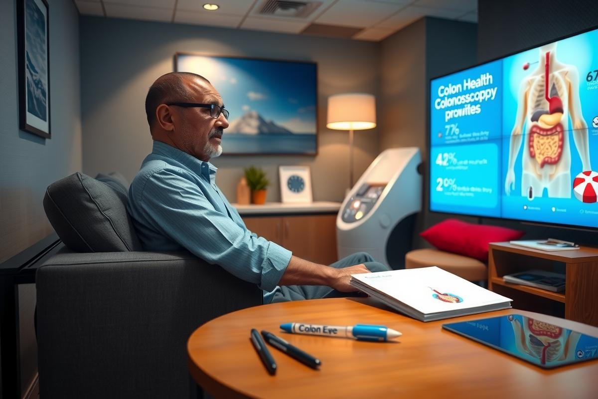 A man seated in a modern office chair, engrossed in using a tablet while sitting in front of large, interactive medical screens that display various health-related statistics and information on screen.