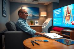 A man seated in a modern office chair, engrossed in using a tablet while sitting in front of large, interactive medical screens that display various health-related statistics and information on screen.
