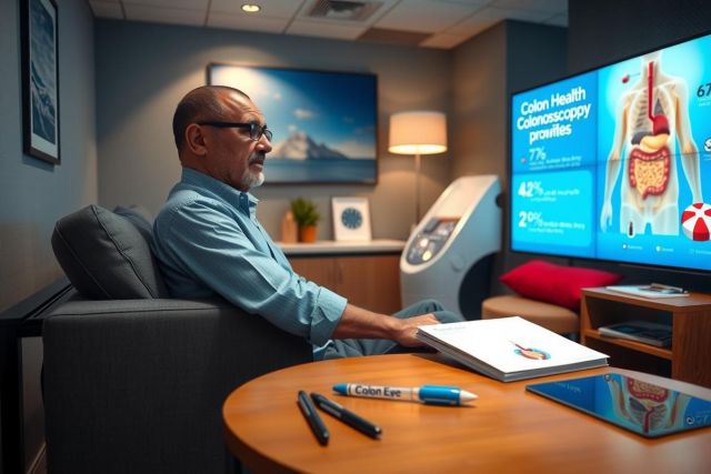 A man seated in a modern office chair, engrossed in using a tablet while sitting in front of large, interactive medical screens that display various health-related statistics and information on screen.