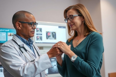 In the image, a man wearing a white coat with a stethoscope around his neck is seen looking at a woman standing across from him. The setting appears to be a medical office or clinic, as indicated by the man's professional attire and the medical setting. The colors are predominantly pale, suggesting a serious and professional atmosphere.