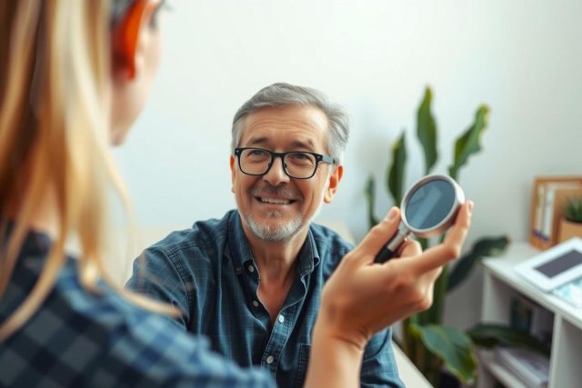 In the image, an older man is seen sitting in front of a mirror with a smartphone, possibly capturing his reflection or showing something on the screen to someone who appears to be out of frame.
