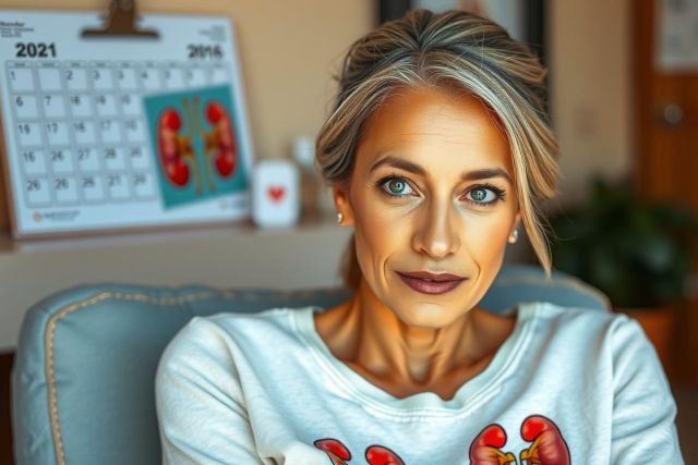 In the image, a woman is seated comfortably on a couch. She has blonde hair and appears to be engaged in a thoughtful or serious conversation, as indicated by her facial expression. The room has a warm ambiance with earth tones dominating the color palette. 