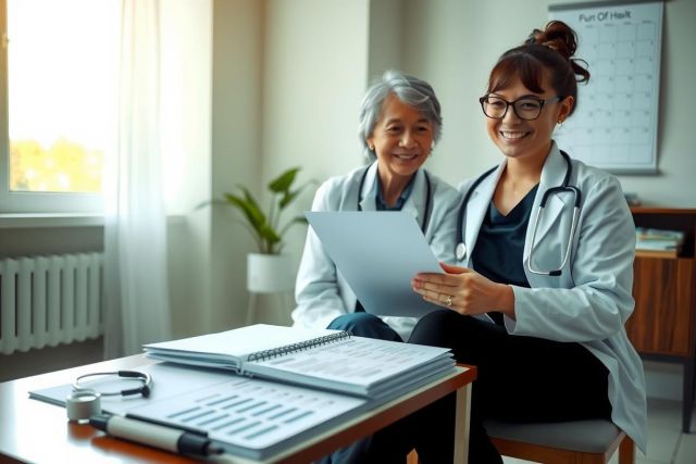 Two female doctors in a well-lit office, smiling at the camera. The older doctor is seated and showing paperwork to the younger standing one. They are both dressed in professional medical attire.