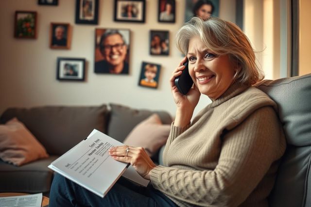 An older woman sitting on a couch talking on a cell phone while reading papers, her face lit up with a smile and looking at the camera. The environment suggests a comfortable living room setting with wall decorations.