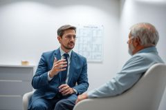 Professional consultation: A young man in a blue suit speaks with an older man in a medical office setting. The scene features a clean, modern interior with a chart on the wall, suggesting a doctor-patient or business advisor relationship. Blue and white tones dominate the image conveying trust and professionalism.