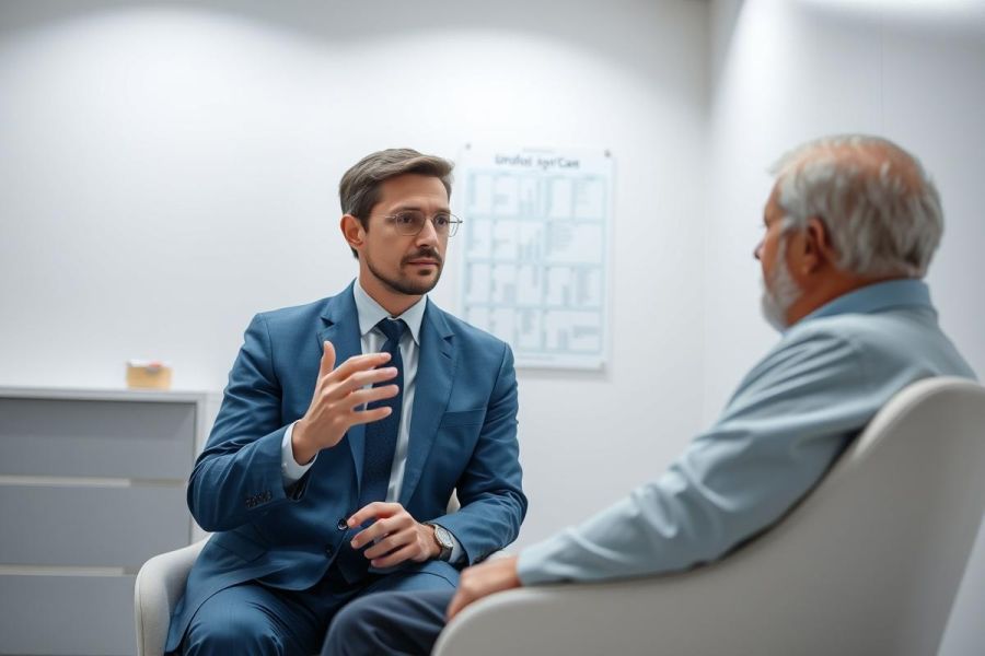 Professional consultation: A young man in a blue suit speaks with an older man in a medical office setting. The scene features a clean, modern interior with a chart on the wall, suggesting a doctor-patient or business advisor relationship. Blue and white tones dominate the image conveying trust and professionalism.