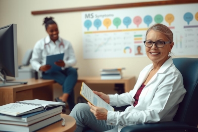 The image shows a professional office setting with two people, both wearing white lab coats which indicates they are medical professionals. The person in the foreground is seated at a desk and appears to be reading or reviewing documents.