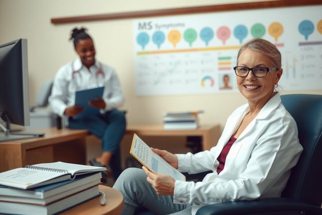 The image shows a professional office setting with two people, both wearing white lab coats which indicates they are medical professionals. The person in the foreground is seated at a desk and appears to be reading or reviewing documents.